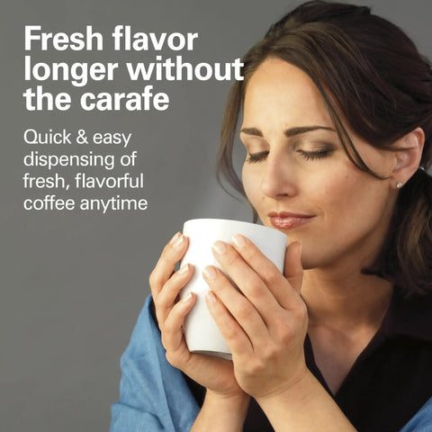 Woman enjoying coffee with One Press Programmable Dispensing Coffee Maker No Carafe For Fresh Coffee On Demand 12 Cup Capacity