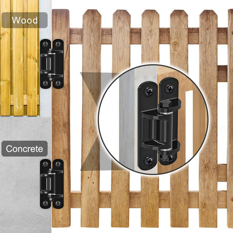 Rock Solid 6.7 Inch Heavy Duty Gate Hinges built tough mounted on wooden fence next to concrete, showcasing anti-sag design.