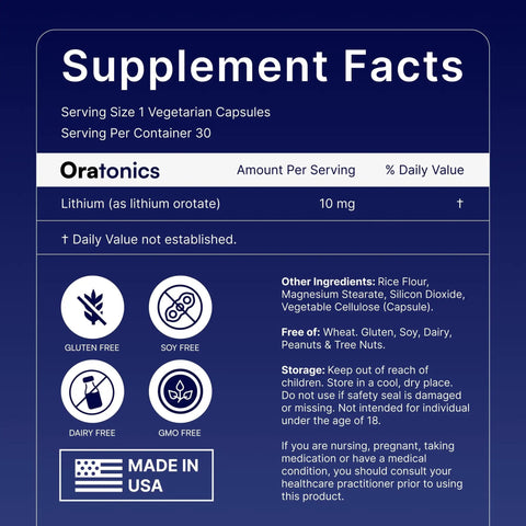 Supplement facts of Lithium Orotate 10mg Trace Mineral Supplement For Daily Balance And Sharp Focus, Vegan Non-GMO Capsules, 30 Count