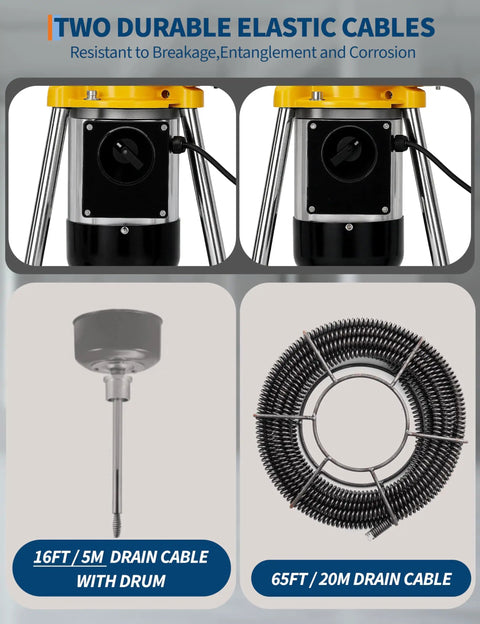 Durable elastic cables for Built Tough Electric Drain Cleaner With Auto Feed Sewer Snake And 500W Motor, resisting breakage and corrosion.