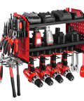 Wall Mounted Power Tool Organizer Three Tier Storage Rack With Four Drill Holders Side Pegboards And Hooks For Garage Workbench And Workshop Organization For Easy Access And Quick Grab Convenience, red with tools
