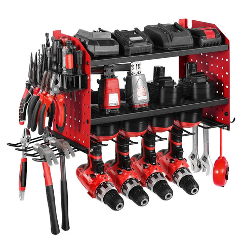 Wall Mounted Power Tool Organizer Three Tier Storage Rack With Four Drill Holders Side Pegboards And Hooks For Garage Workbench And Workshop Organization For Easy Access And Quick Grab Convenience, red with tools