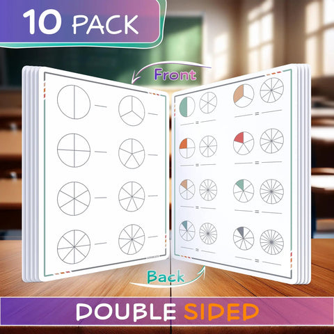 Flexible Dry Erase Fraction Sheets 9 by 12 Inch Small Whiteboards Pack of 10 for classroom math teaching, double-sided design