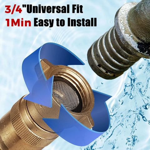 Front view of lead-free brass RV water pressure regulator with filter and 3/4 in GHT connection