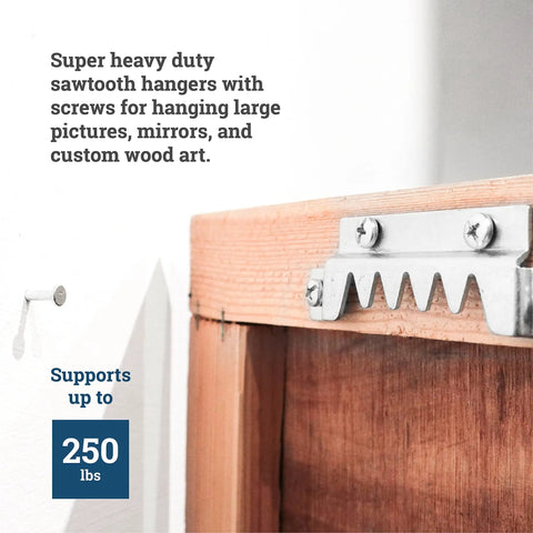 Heavy Duty Sawtooth Picture Hangers Big Pack For Wall Mounting Holds Up To 250 Pounds attached to wooden frame