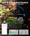 Smart Indoor Hydroponics Garden Kit With App And WiFi Control, 24W Full Spectrum Grow Light, 10 pod planter visible with app interface.