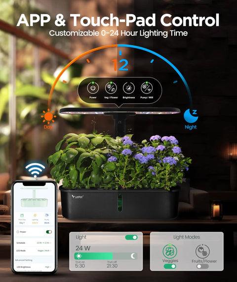 Smart Indoor Hydroponics Garden Kit With App And WiFi Control, 24W Full Spectrum Grow Light, 10 pod planter visible with app interface.