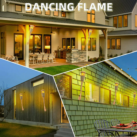 Upgraded Flickering Flame Solar Powered Torches to Light Up Outdoor Gardens and Patios installed on buildings at night