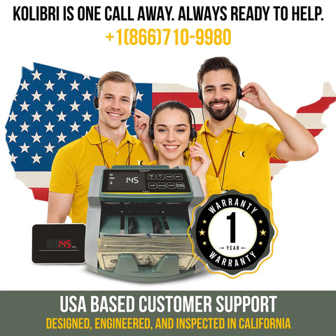 Fast Money Counter Machine With LCD Display And UV MG IR Detection For USD And EUR Counts Bills At 1,500 Per Minute Single Denomination Value Count Advanced Counterfeit Detection Durable Business Grade 1 Year Warranty displayed with US customer support team and warranty badge.