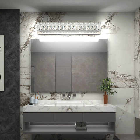 Crystal Chrome LED Vanity Light Bar For Bathroom, 18W over mirror fixture illuminating modern bathroom with marble walls