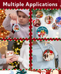 Two-Sided Sublimation Ceramic Ornament Blanks, 3-Inch Round White Ceramic Ornaments For DIY Crafts displayed in multiple uses