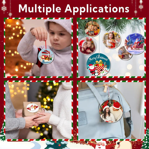 Two-Sided Sublimation Ceramic Ornament Blanks, 3-Inch Round White Ceramic Ornaments For DIY Crafts displayed in multiple uses