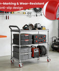 Heavy Duty Workbench Caster Set Of Four With Swivel Brackets And Wheel Brakes Supports One Thousand Pounds Each displayed on a cart with tools.