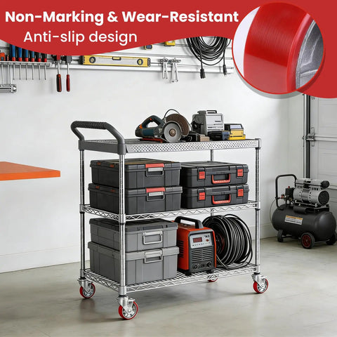 Heavy Duty Workbench Caster Set Of Four With Swivel Brackets And Wheel Brakes Supports One Thousand Pounds Each displayed on a cart with tools.