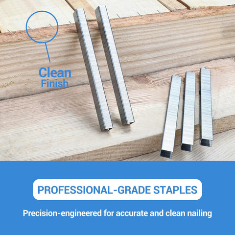 Heavy Duty 316 Stainless Steel Upholstery Staples, 22 Gauge 71 Series Tacker Nails With Three Eighth Inch Crown and Leg for Fine Wire Stapler Guns, 10000 Pack showcasing precise, clean finish staples on wood.