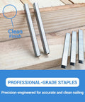 Rock Solid 71/12 304 Stainless Steel Upholstery Staples 22 Gauge 3/8 Crown 1/2 Leg on wooden surface for precise fastening