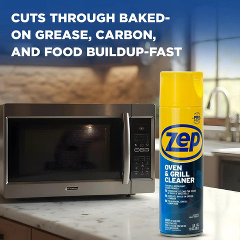 Grease Busting Heavy Duty Oven And Grill Cleaner 19 Oz Case Of 2 on kitchen counter next to microwave