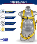 Heavy Duty Full Body Safety Harness Kit With Detachable 6 Ft Lanyard displayed on mannequin, featuring polyester and snap hook.