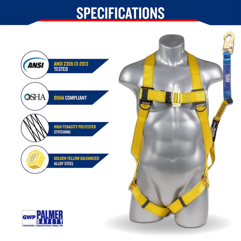 Heavy Duty Fall Protection Harness Kit With Detachable Six Foot Lanyard Internal Shock Absorber Snap Hook OSHA ANSI Fall Arrest 2 Pack