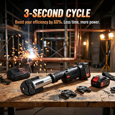 Heavy Duty 18V Electric Pipe Crimping Tool Kit With 60KN Force And High Carbon Steel Head on a workbench with battery and accessories.