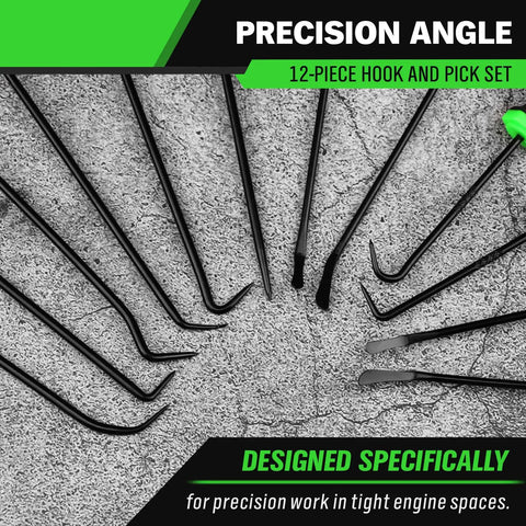 Pro Grade 12 Piece Pick And Hook Tool Set For Auto Mechanics, Chrome Vanadium Hooks And Picks Displayed On Concrete Surface