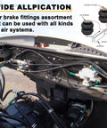 Brass 3/8 in OD air brake push-to-connect tee fittings kit (3 pcs) for truck trailer air system, installed on chassis