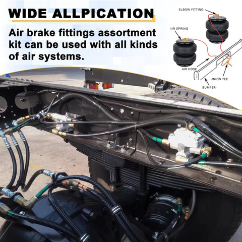 Brass 3/8 in OD air brake push-to-connect tee fittings kit (3 pcs) for truck trailer air system, installed on chassis