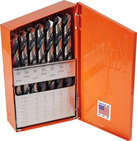 29 Piece Jobber Length Drill Bit Set 1/16 To 1/2 Inch By 64ths With 135 Degree Split Point 3 Flats On Shank For Sizes 3/16 And Up Made In USA