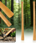 Two Pack 35 Inch Wooden Axe Handle Replacement with Oval Eye Long Curved for Gardening and Landscaping shown in garden setting.