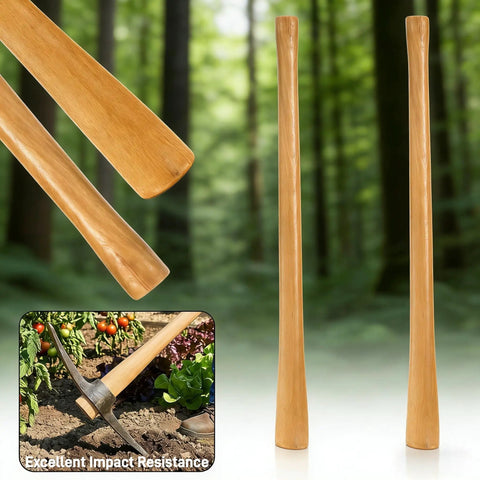 Two Pack 35 Inch Wooden Axe Handle Replacement with Oval Eye Long Curved for Gardening and Landscaping shown in garden setting.