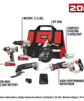 Badass 20V Max Six Tool Cordless Combo Kit featuring heavy duty drill, impact driver, circular saw, and kit bag.