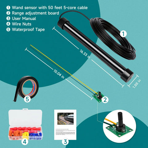 Next Level Vehicle Exit Sensor For Automatic Gate Opener Car Detector With 50 Ft Cable, components and dimensions shown