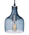 Close-up of blue hand-blown glass pendant light, vintage bottle shape, Edison bulb; height 8.2 in.