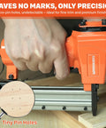Smooth Shooting 23 Gauge Pneumatic Pin Nailer firing headless micro pins, showing tiny pin holes on wood surface.