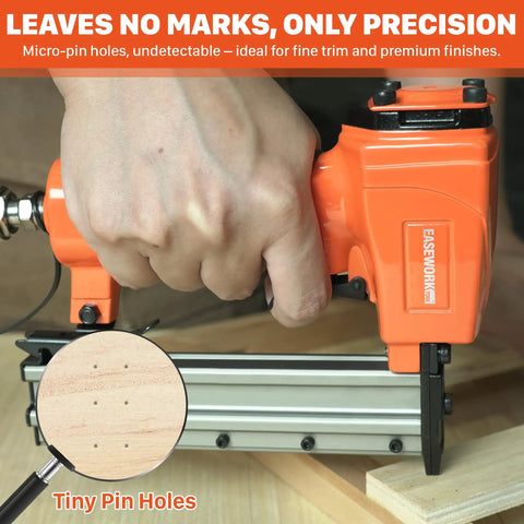 Smooth Shooting 23 Gauge Pneumatic Pin Nailer firing headless micro pins, showing tiny pin holes on wood surface.