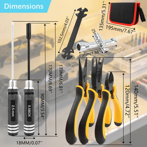 All In One 12 Piece RC Car Repair Tool Kit With Hex Screwdrivers Pliers Wrenches Nut Drivers And Phillips And Flat Screwdrivers