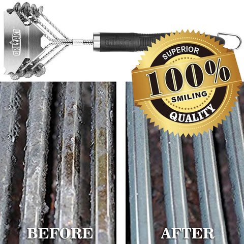 Comparison of grill grates before and after cleaning with Bristle Free Grill Brush And Scraper 18 Inch Safe BBQ Cleaner