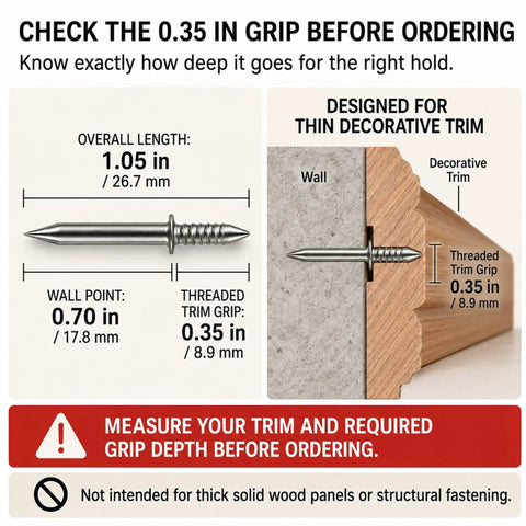 Heavy Duty Double Headed Skirting Nails For Thin Baseboard Trim And Decorative Molding featuring 0.35 in threaded grip details.
