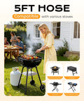 Woman using grill connected to propane tank with 5 Foot Braided Propane Hose Adapter With Adjustable Regulator 0 To 20 Psi