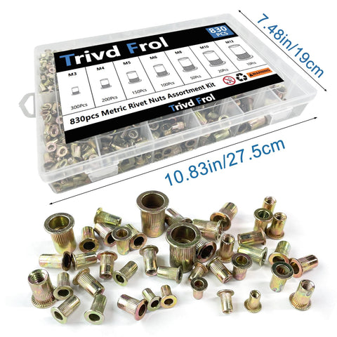 Rivet Nut Tool Kit 830-Piece SAE and Metric Rivet Nut Assortment M3 to M12 With Galvanized Carbon Steel Flat Head Threaded Inserts