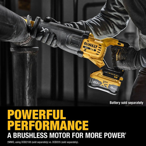 Worker using Fast Cutting 20V Max XR Brushless Cordless Reciprocating Saw Tool Only With 1-1/8 Inch Stroke on metal pipe
