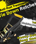 Close-up of anti-rust ratchet with yellow aluminum handle for Beefy Rugged Car Tie Down Straps For Trailers 2 Inch Wide By 10 Foot Long With 10000 Pound Break Strength Wheel Straps For Hauling Cars SUVs Trucks And UTVs