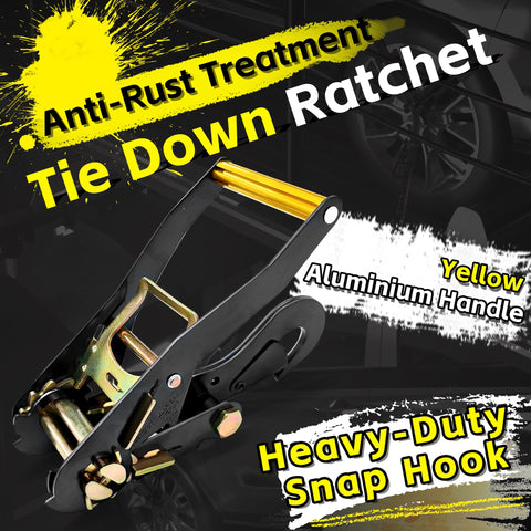 Close-up of anti-rust ratchet with yellow aluminum handle for Beefy Rugged Car Tie Down Straps For Trailers 2 Inch Wide By 10 Foot Long With 10000 Pound Break Strength Wheel Straps For Hauling Cars SUVs Trucks And UTVs