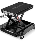Beefy Heavy Duty Motorcycle Lift Jack With Wide Deck For ATVs And Bikes 1100 Lb Capacity Scissor Lift With Dolly Wheels And Hand Crank Garage Repair Stand For Maintenance Black