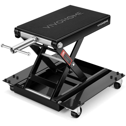 Beefy Heavy Duty Motorcycle Lift Jack With Wide Deck For ATVs And Bikes 1100 Lb Capacity Scissor Lift With Dolly Wheels And Hand Crank Garage Repair Stand For Maintenance Black