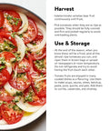 Sliced tomatoes and onions on a dish beside text about harvesting and storing tomatoes.