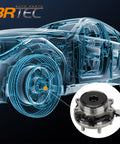 Front Wheel Hub And Bearing Assembly For Nissan Frontier 2005 To 2018, Pathfinder 2005 To 2012, Xterra 2005 To 2015, And Suzuki Equator 2009 To 2012, 6 Lug With ABS OE 515064 Front Axle Hub And Bearing, diagram of installation in vehicle, product close-up.