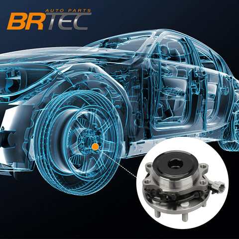 Front Wheel Hub And Bearing Assembly For Nissan Frontier 2005 To 2018, Pathfinder 2005 To 2012, Xterra 2005 To 2015, And Suzuki Equator 2009 To 2012, 6 Lug With ABS OE 515064 Front Axle Hub And Bearing, diagram of installation in vehicle, product close-up.