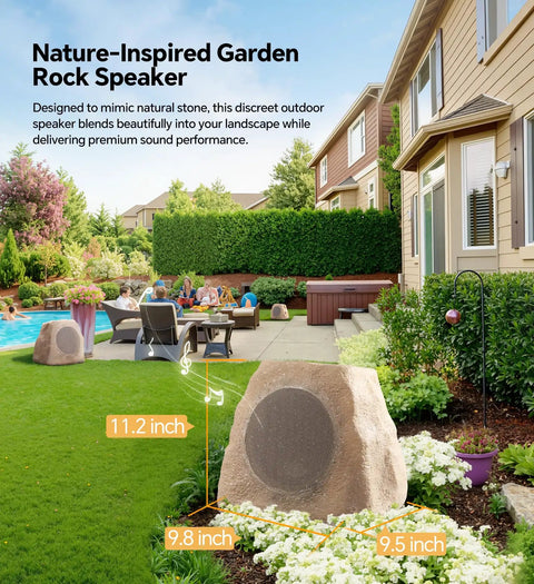 Outdoor Rock Speaker Duo With 60W Deep Bass For Killer Backyard Vibes in garden, rock-shaped design blends into landscape