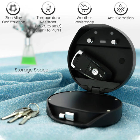 Smart Box Series Wall Mounted Electronic Combination Lock Box open, showing storage for keys, weather resistant, on table.